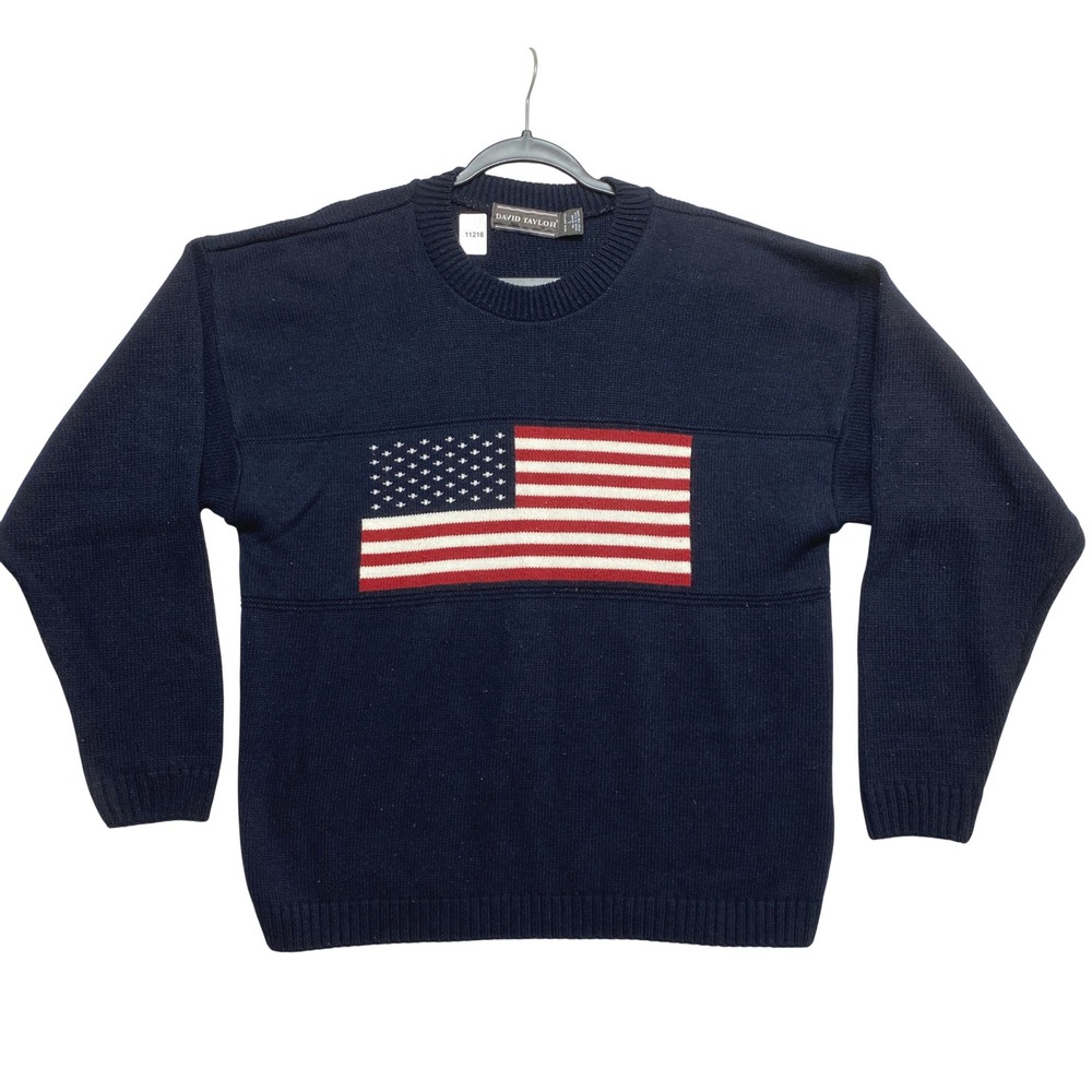 David Taylor Sweater Mens Large Navy Blue USA Flag Knit Crewneck Vintage